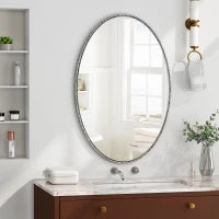 Specchio retrò ovale con cornice in ferro, da parete per bagno, soggiorno, 65x3x100 cm, Argento
