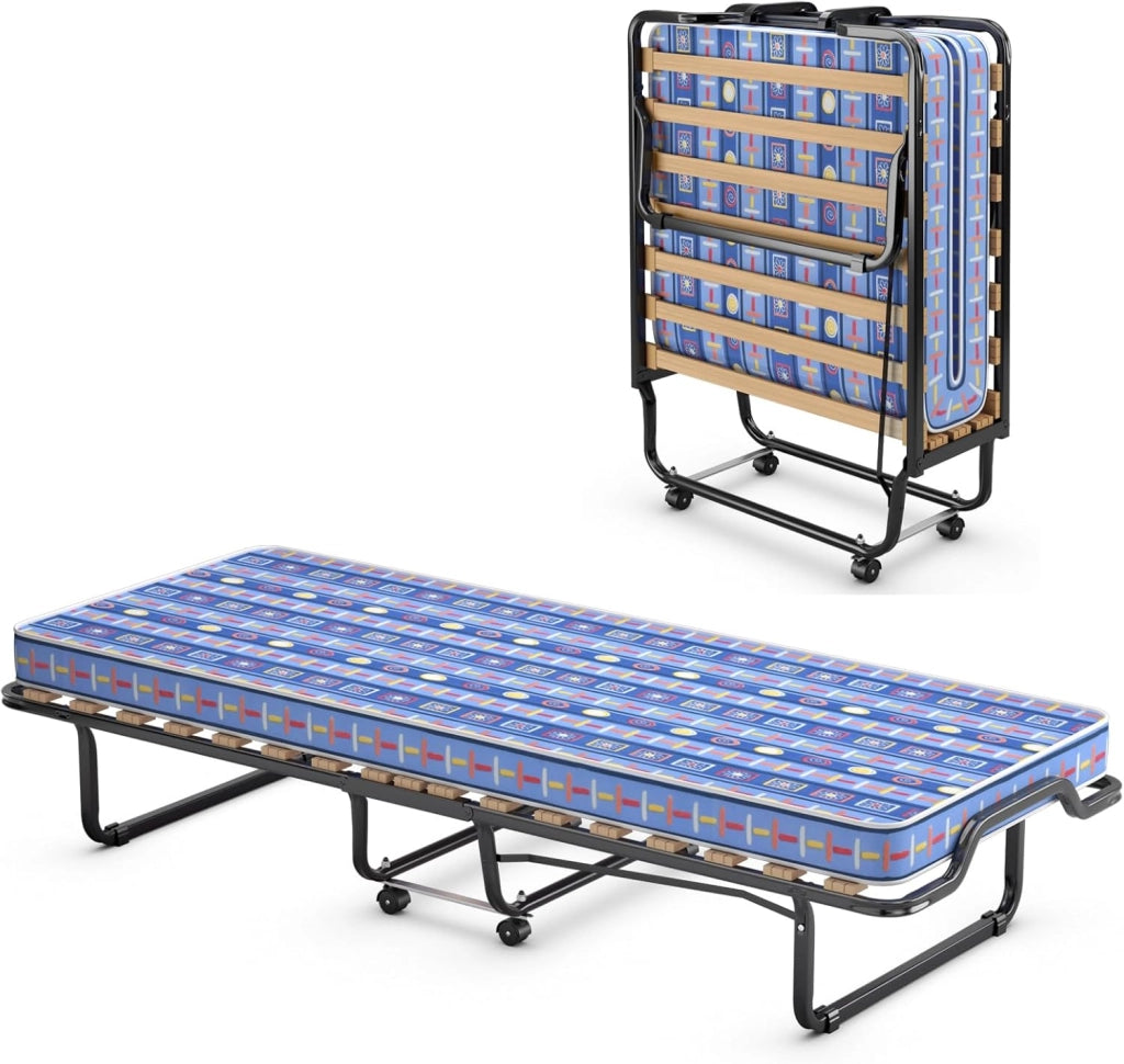 Letto Singolo Pieghevole, Portata di 120 kg, Letto Singolo con Materasso e 4 Ruote, 4 Gambe in Mettallo, Fibbia Fissata, 80 x 200 cm, Ideale per Viaggio e di Riserva