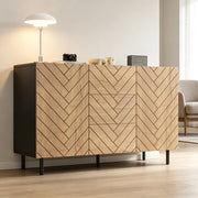 Credenza, 120 x 40 x 76 cm, in truciolato, 3 cassetti, finitura effetto legno, color legno naturale e nero
