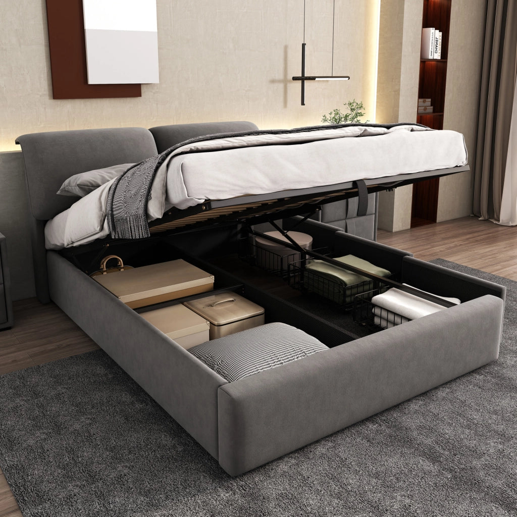 Letto matrimoniale 140x200 cm in velluto grigio con contenitore; 3 cassetti e testiera regolabile