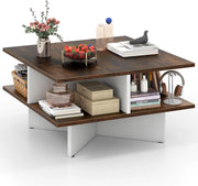 Tavolino quadrato a 2 livelli, tavolino da caffè in legno con 4 scomparti aperti e base a forma di X, 60 x 60 x 33 cm, tavolino per soggiorno, ufficio (marrone+bianco)