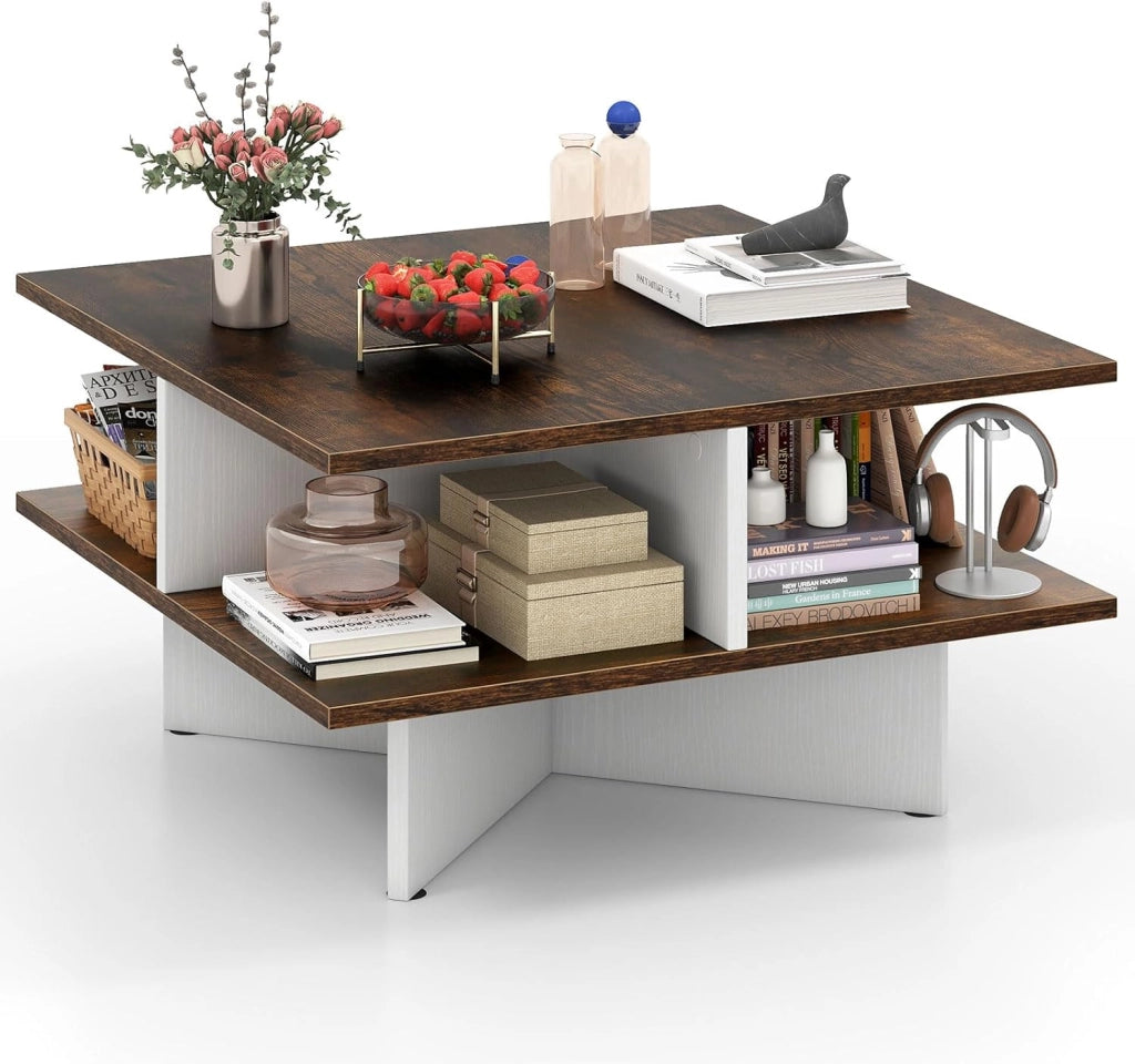 Tavolino quadrato a 2 livelli, tavolino da caffè in legno con 4 scomparti aperti e base a forma di X, 60 x 60 x 33 cm, tavolino per soggiorno, ufficio (marrone+bianco)
