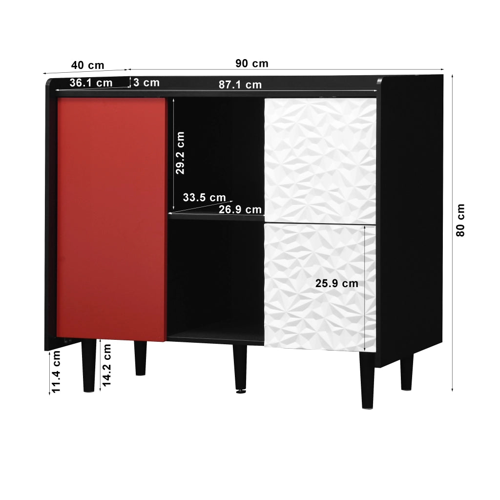 Credenza con 2 Cassetti; 2 Vani Aperti e 1 Anta per Cucina e Sala da Pranzo in MDF 90 × 40 × 80 cm Nero e Rosso