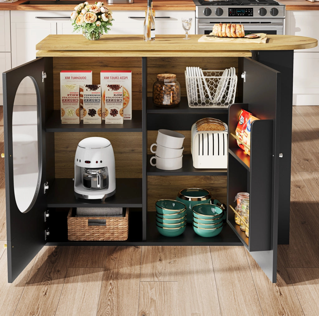Isola cucina con piano girevole 360°, 3 ante, nero