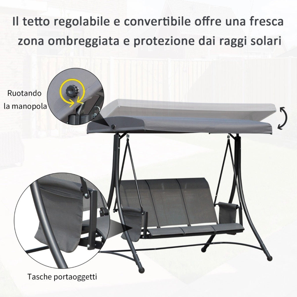 Easycomfort Dondolo 3 Posti da Giardino o Terrazzo con Tettuccio Regolabile e Tasche Portaoggetti Grigio Scuro 196x128x172cm