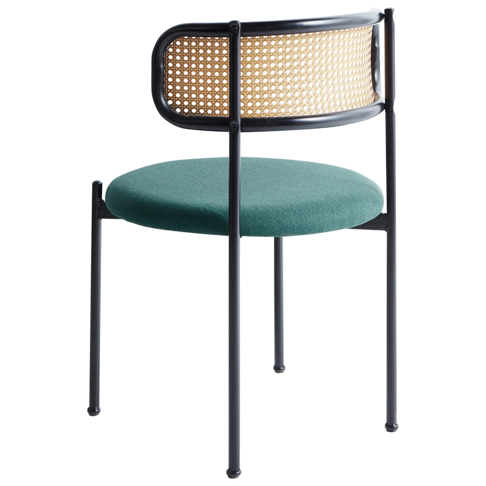 Set di 2 sedie da pranzo d'accento Struttura in metallo nero Seduta in tessuto verde Schienale a treccia viennese Seduta retrò