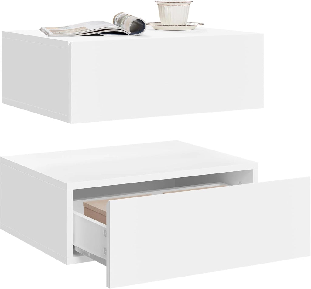 Set di 2 Comodini Sospeso con Cassetto, Comodino Galleggiante, 40x30x14 cm, Comodino a Parete Mensola da Letto, Mobili per Camera da Letto in Legno, Salvaspazio, Moderno, Bianco, NTS24ws-2