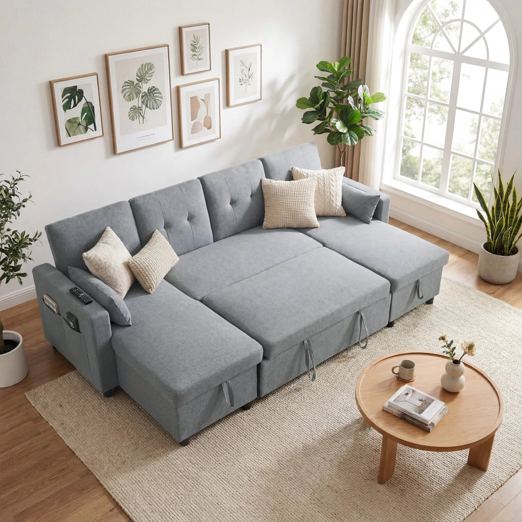 Divano angolare con funzione letto e contenitore ¨C Xylo ¨C tessuto effetto lino, schienale regolabile