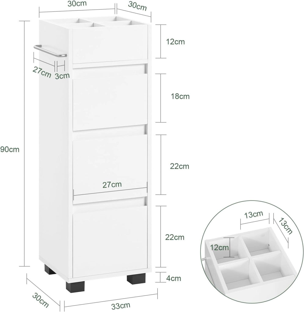 Mobiletto Bagno Salvaspazio, Mobile Stretto Bagno 3 Cassetti e 4 Scomparti, Cassettiera Salvaspazio Bianco, 30x90x30 cm, BZR29-W