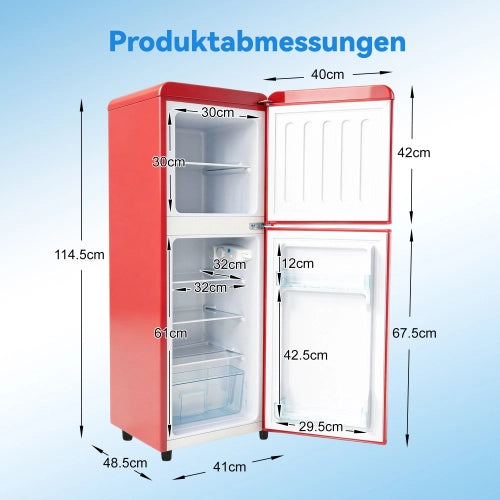 Frigorifero a doppia porta (112L) – controllo della temperatura a 7 livelli; classe di efficienza energetica E; luce LED; ripiani regolabili e portauova – Rosso
