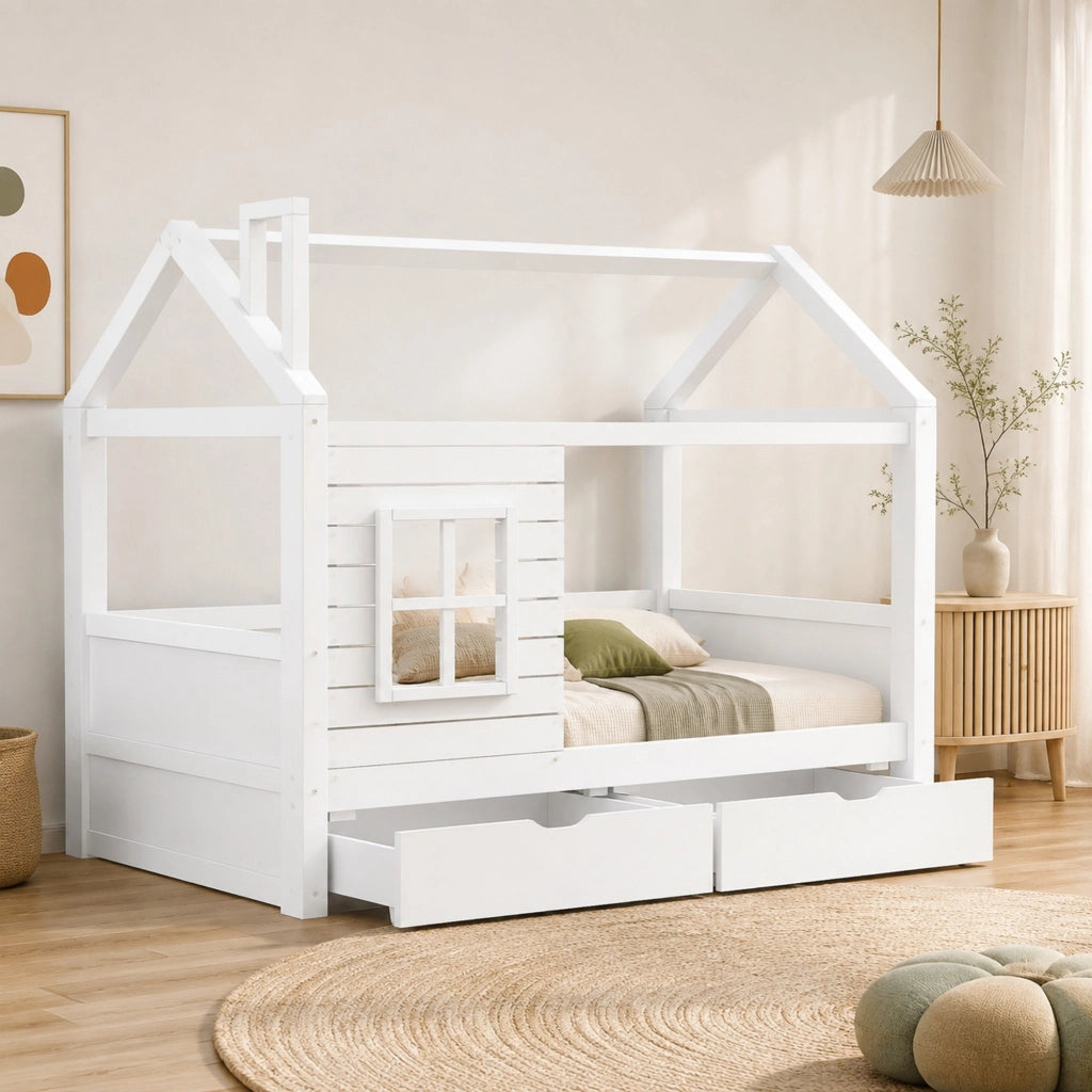 Letto per bambini a casetta 90x200 cm in legno massello di pino, bianco, con sponde, rete a doghe e 2 cassetti contenitore