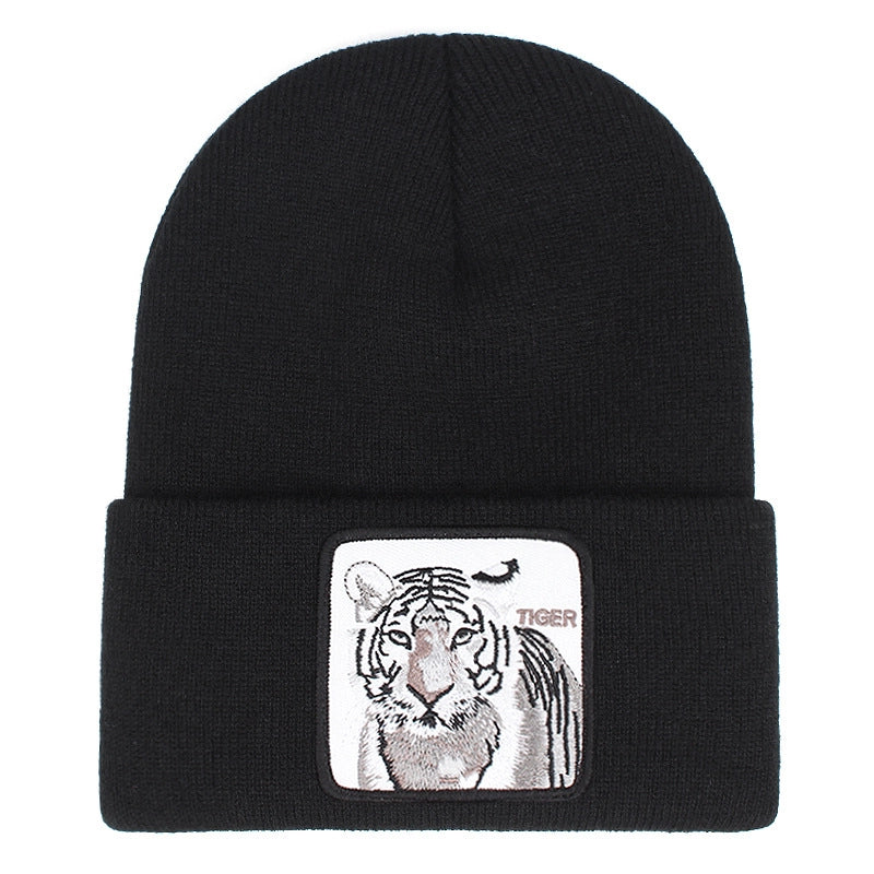 Berretto in maglia con ricamo a tigre e risvolto, colore nero