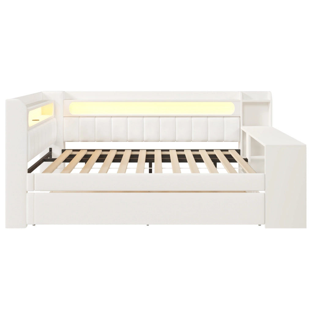 Letto imbottito 140x200 cm con letto estraibile; scrivania e LED in MDF; compensato; bianco