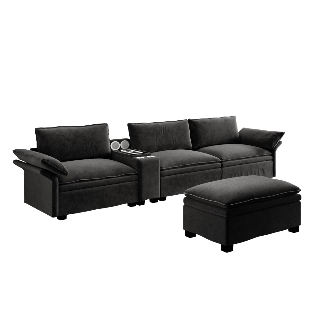 Divano modulare 4 posti con ricarica wireless, luce, altoparlanti e contenitore, Chenille Nero
