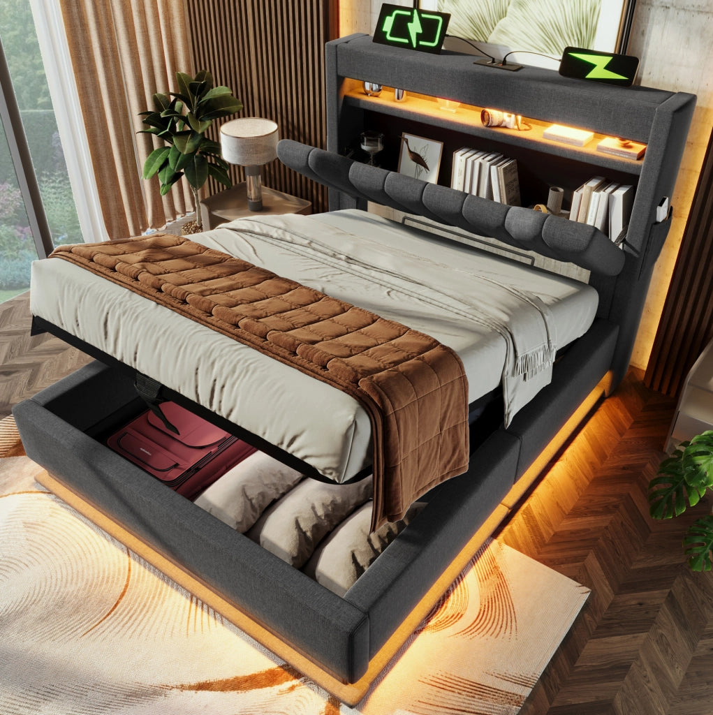 Letto singolo 90x200 cm in lino grigio con LED; USB; Type-C e contenitore idraulico