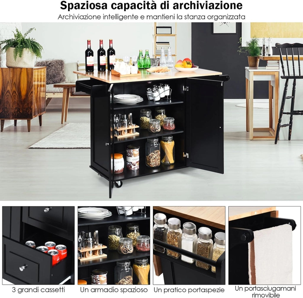Carrello da Cucina in Legno, Credenza Cucina Salvaspazio con Mensole Regolabili, Armadietto per Microonde con Cassetti, 136 x 76 x 91 cm (Nero)