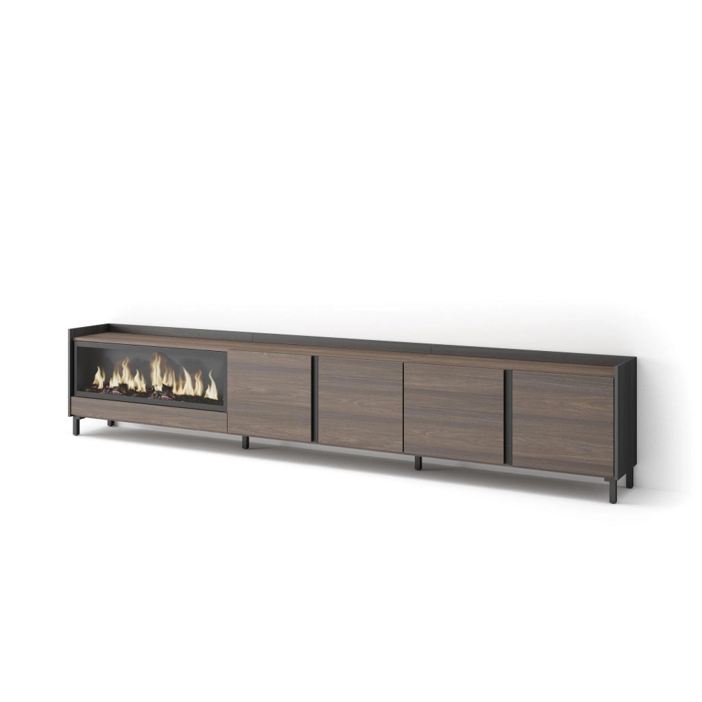 Mobile TV Soggiorno, 315x61x35 cm, Per TV fino a 80", Camino elettrico XXL, Design industriale, Rovere scuro e Nero