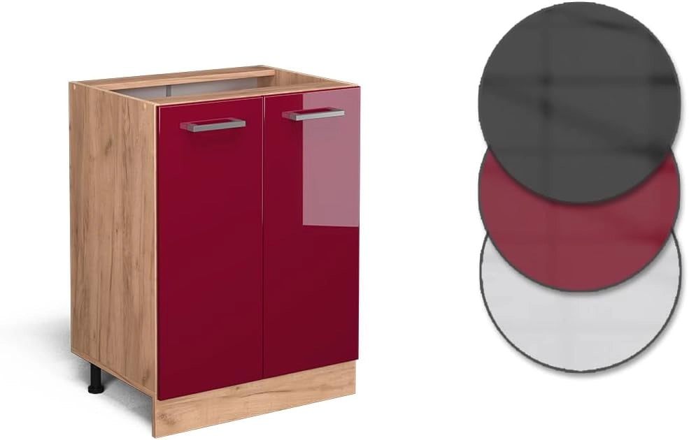 Mobiletto base cucina R-Line, Rosso lucido, 60 cm senza piano di lavoro, per la libera combinazione all'interno di sistemi cucina modulari