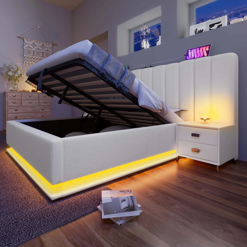 Letto matrimoniale imbottito 160x200 cm con contenitore; LED 360掳; USB e Type-C; bianco