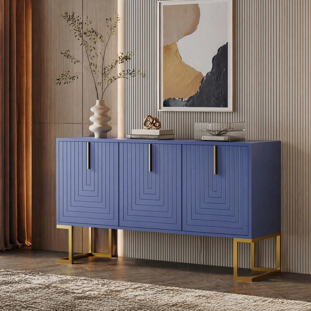 Credenza moderna 3 ante blu navy con ripiani regolabili; maniglie dorate e base in metallo