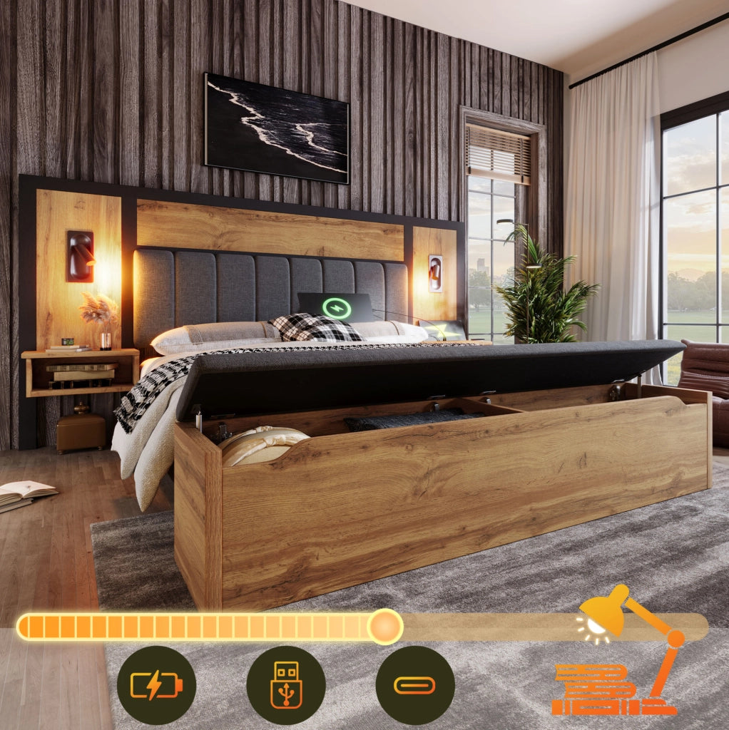 Letto matrimoniale 180x200 cm con luci da lettura; USB Type-C e panca contenitore; rovere