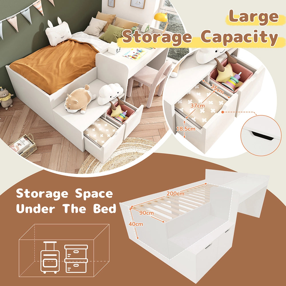 Letto singolo per bambini con scrivania e cassetti - Xylo - 90x200 cm - Bianco - Con rete a doghe