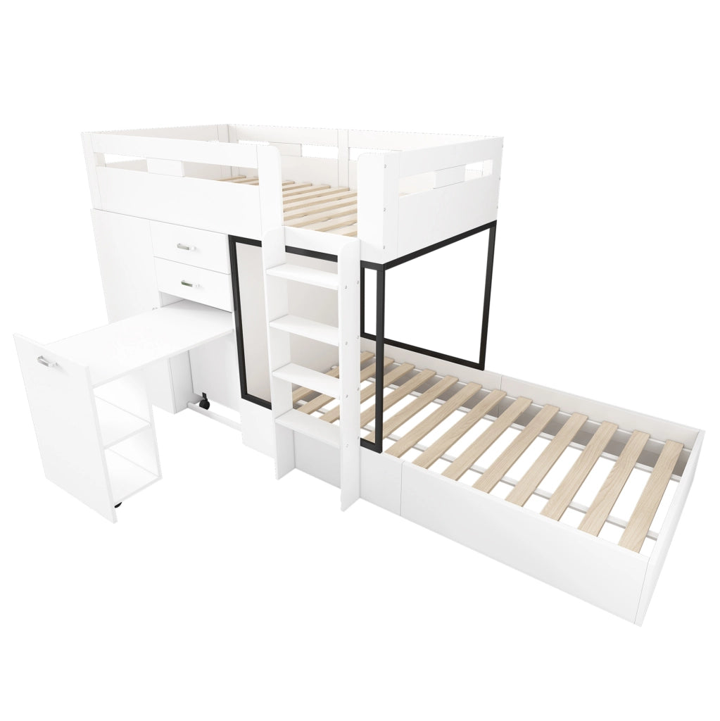 Letto a castello ULEVR 90x200 cm con scrivania estraibile, armadio, 2 cassetti e ripiani, bianco e nero