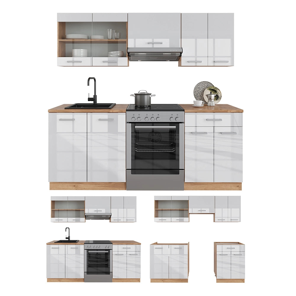 Vicco Cucina componibile Bianco lucido/oro power oak 200 cm , PL Marmo