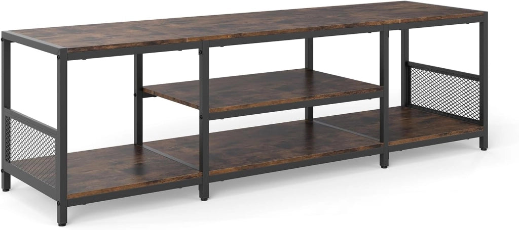 Mobile TV in stile industriale, Panca TV per TV 55/60/65 pollici, con ripiani aperti, cornice in metallo, tavolo TV per camera da letto, soggiorno, marrone rustico, 45 x 40 x 150 cm