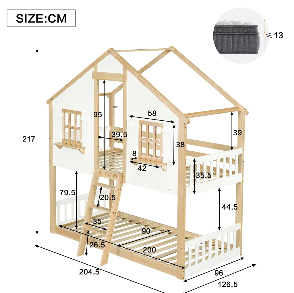 Letto a castello 90x200 cm con scala inclinata; finestre e tetto in pino e MDF bianco naturale