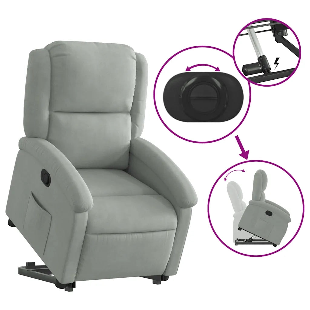 Poltrona | Sedia Relax Alzapersona Reclinabile Grigio Chiaro in Velluto