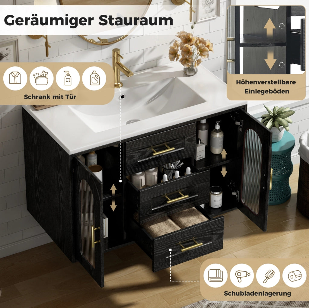 Mobile bagno sospeso 76 cm con lavabo; 2 cassetti; vetro rigato; LED; nero