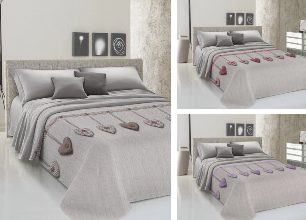 Copriletto Piquet Primavera Estate 100% Cotone Disegno Cuore Appeso - Piazza e Mezza - Lilla