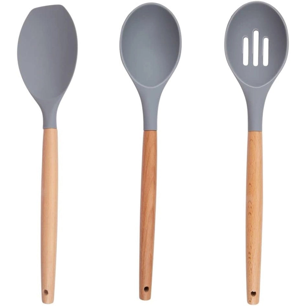 Set Utensili da Cucina Grigio e Supporto 12 Pezzi Utensili Silicone Manico Legno