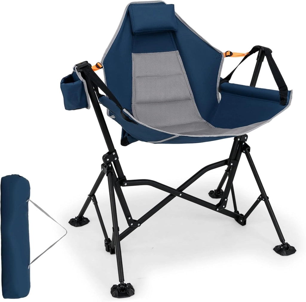 Sedia da Campeggio Amaca, Sedia a Dondolo Pieghevole con Portabicchieri, Schienale Regolabile, Poggiatesta, Sedile a Dondolo per Giardino, Patio, Prato, Portata 150 kg (Nero)
