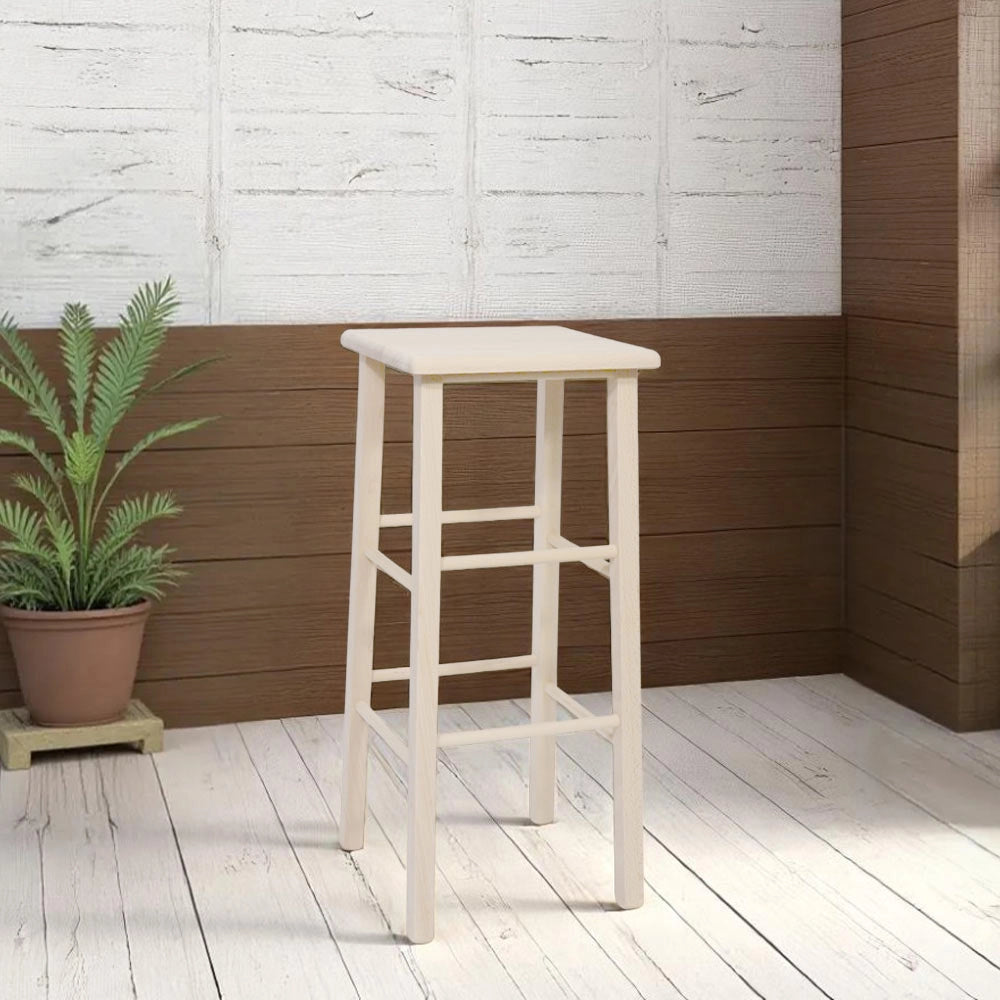 Sgabello alto 73 cm in legno grezzo con seduta quadrata in legno massello