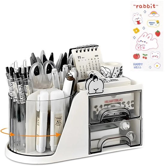 Penholder Opbergcassa, 360 Gradi Girevole Cassa da Ufficio con 2 Cassettoni, per Ufficio, Cosmetici, Scuola, Bianca
