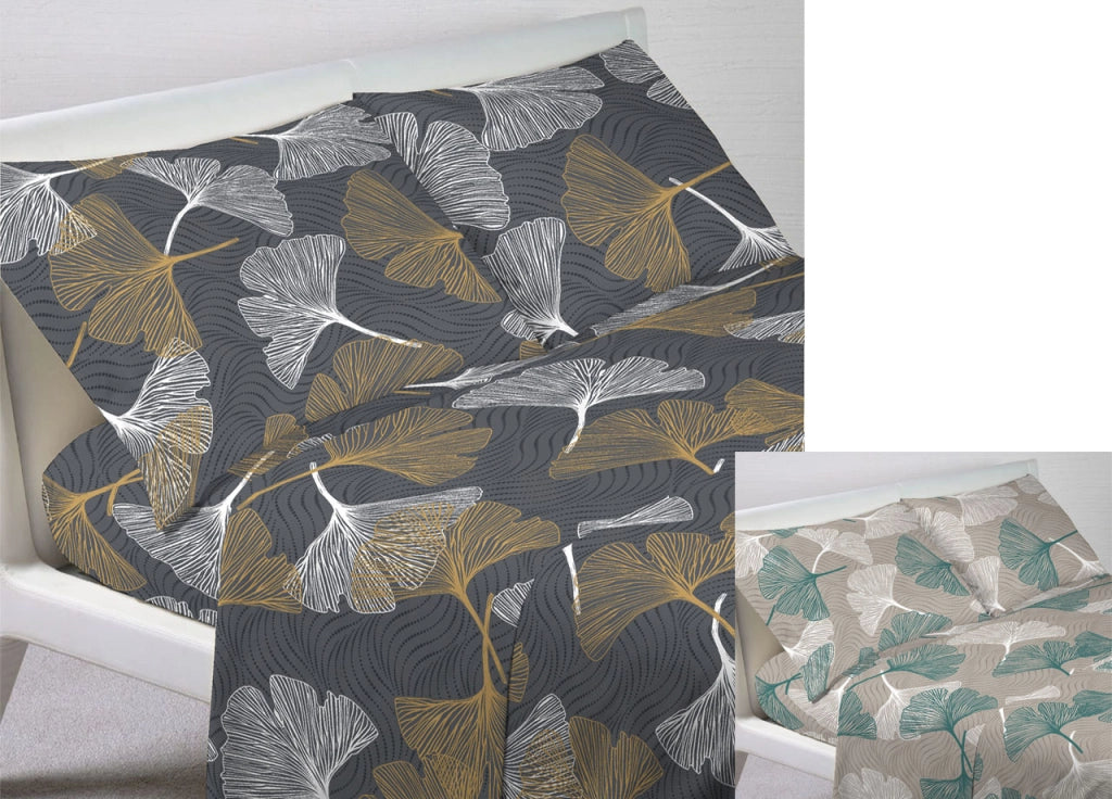 Completo Lenzuola Letto Morbida Flanella 100% Cotone Dis. Ginko - Piazza E Mezza - Verde