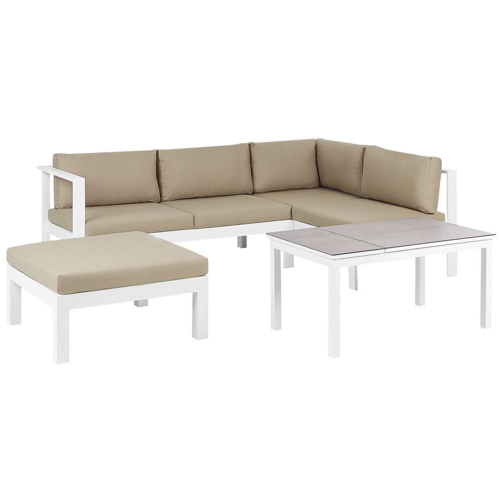 Set da giardino divano 5 posti e tavolo elevabile con struttura bianca e piano in vetro e cuscini beige stile moderno scandinavo