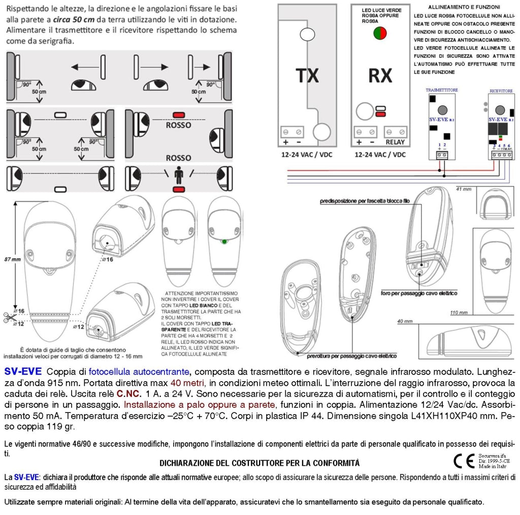 Coppia Fotocellula Controllo di Sicurezza per Cancello Elettrico Automatico Portata 20 Metri Lineari Montaggio a Parete o Palina Alimentazione 12/24 Vac Dispositivo Antischiacciamento Universali
