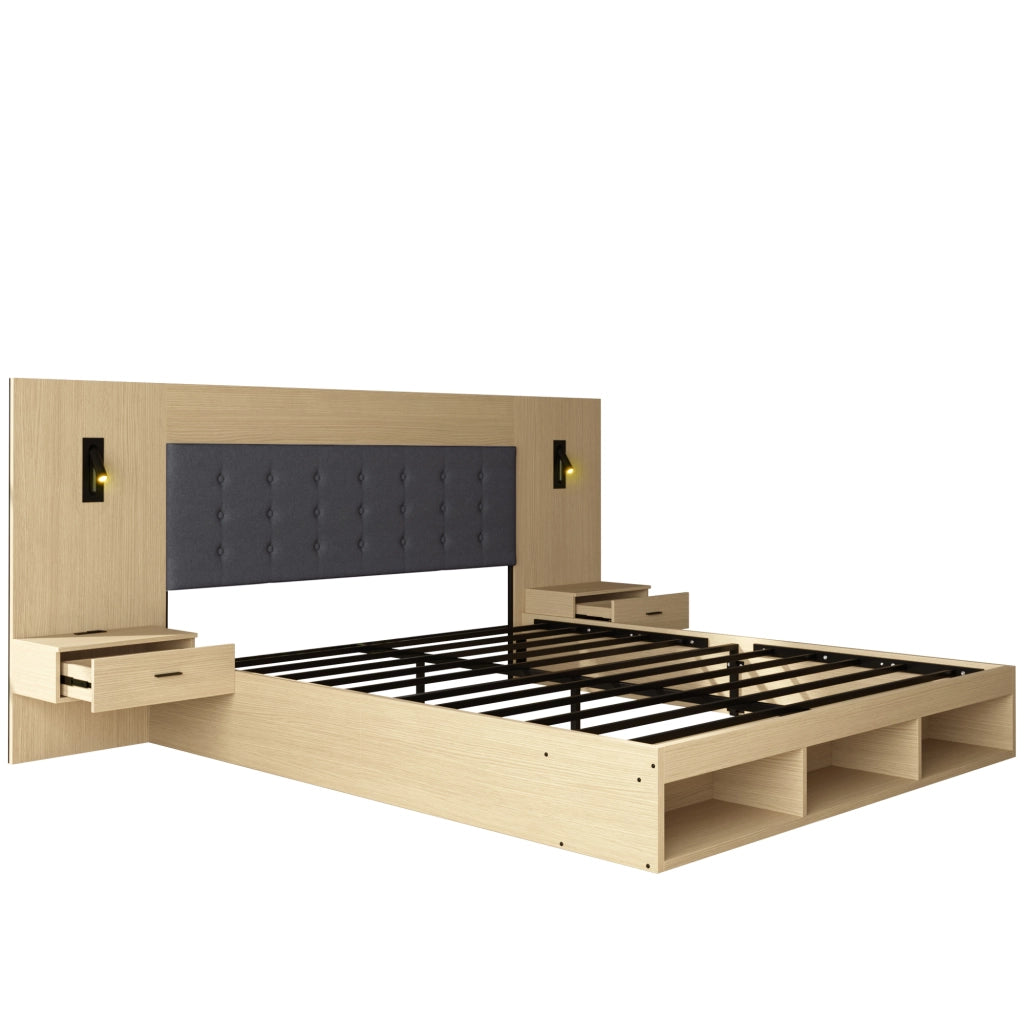 Letto matrimoniale 180x200 cm con contenitore, USB e Type-C, lampade da lettura, 2 comodini, rovere chiaro