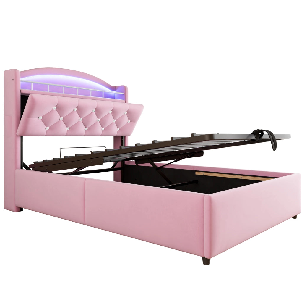 Letto imbottito per bambini 90x200 cm con contenitore; LED; USB e portaoggetti; rosa