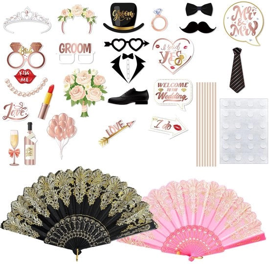 Accessori per fotobooth 25 pezzi - Accessori divertenti per foto - Decorazioni per matrimoni - Decorazioni per festeggiamenti di addio al nubilato - Ventilatore pieghevole - Materiale di carta duraturo