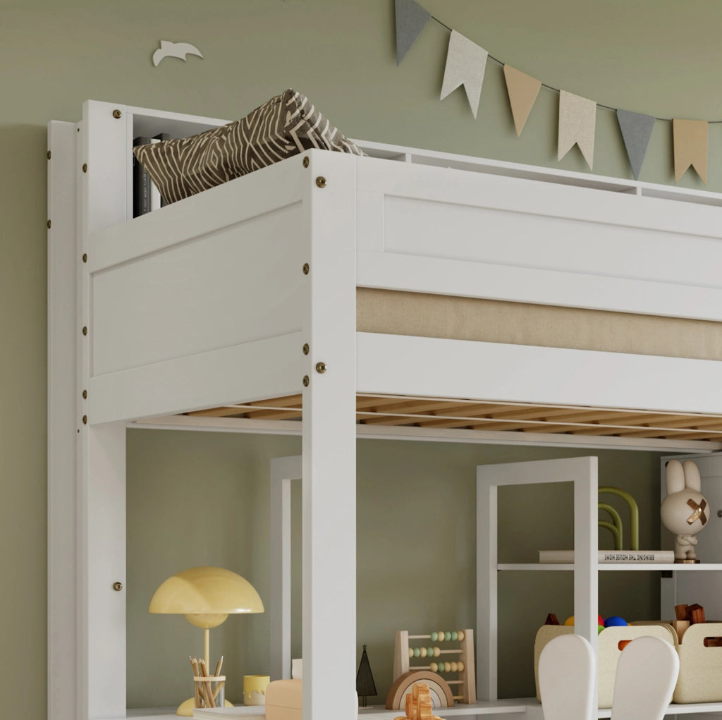 Letto a castello 90x200 cm con scrivania, armadio e scaffali bianco