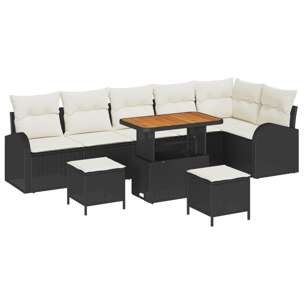 Set Divano da Giardino  9 Pezzi con Cuscini Rattan Poliestere Nero Acacia