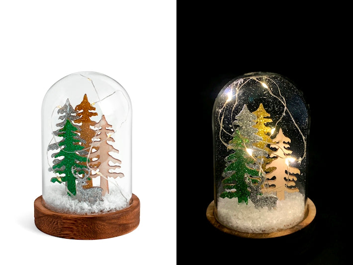 Campana in vetro natale con led su base legno h 14