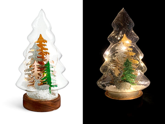 Albero natale in vetro con led su base legno h 21