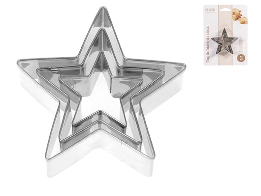 Confezione 3 tagliabiscotti in acciaio inox, forma stella.