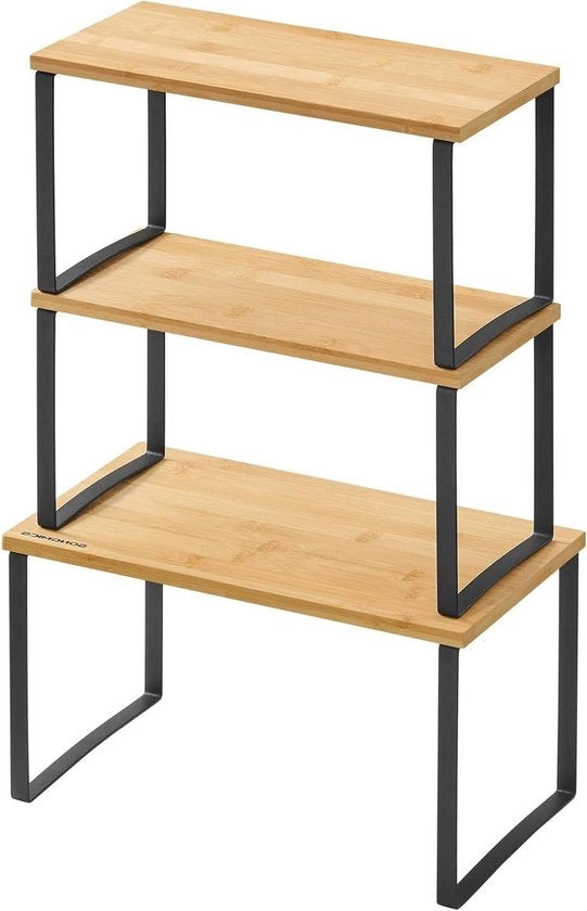 Set di metallo in bambù a tre sezioni, espandibile e ripiegabile, in nero e beige naturale, KCS014B01