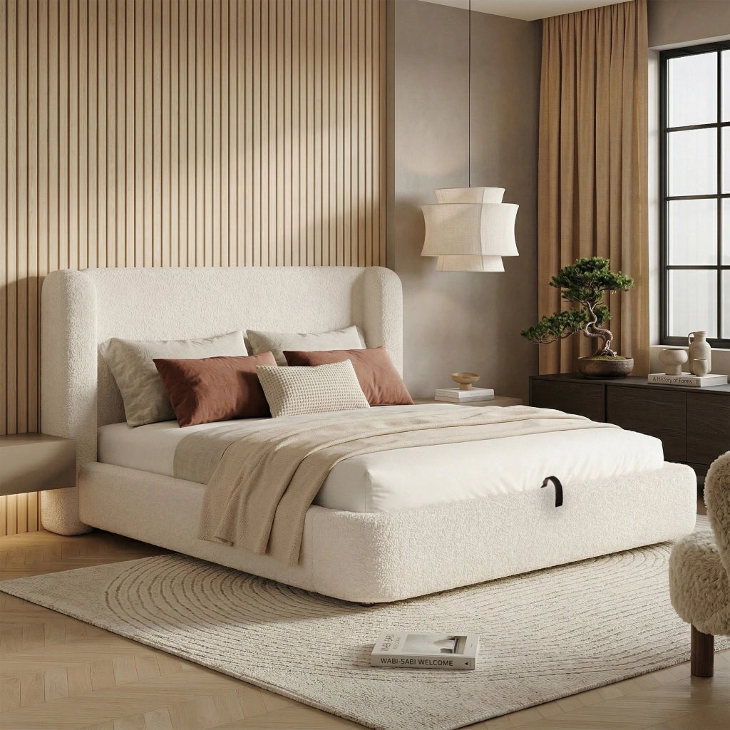 Letto Contenitore 180x200 cm - Contenitore; Testiera Imbottita e in Bouclé Beige